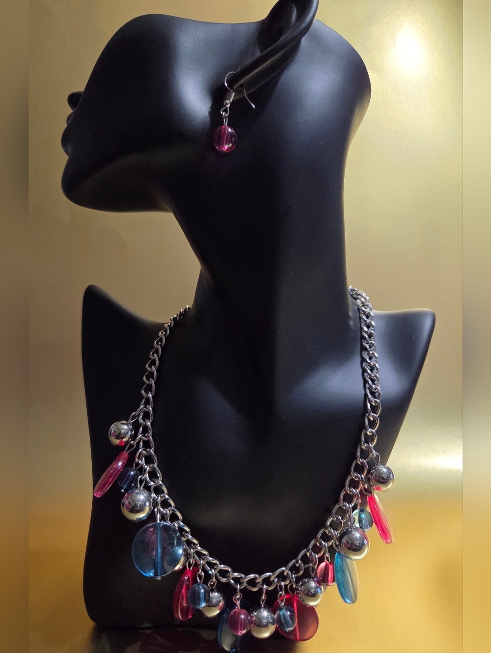 paparazzi Pink and Blue Dangle Charm Necklace with Matching Earring